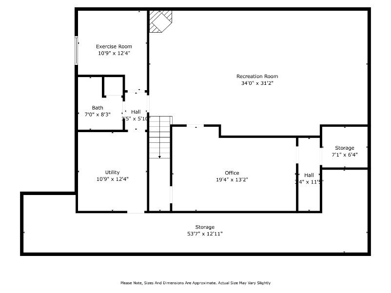 Basement floor plan with recreation, office, storage and exercise areas