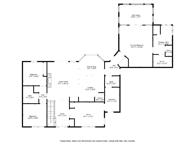Main floor plan with room labels and dimensions